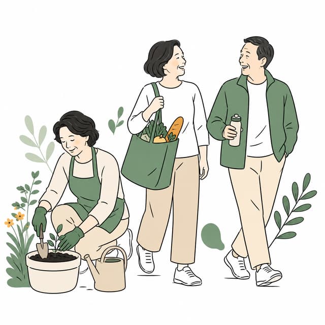 ภาพลายเส้นผู้ใหญ่วัยเกษียณเดิน ซื้ออาหาร และทำสวนอย่างกระฉับกระเฉง