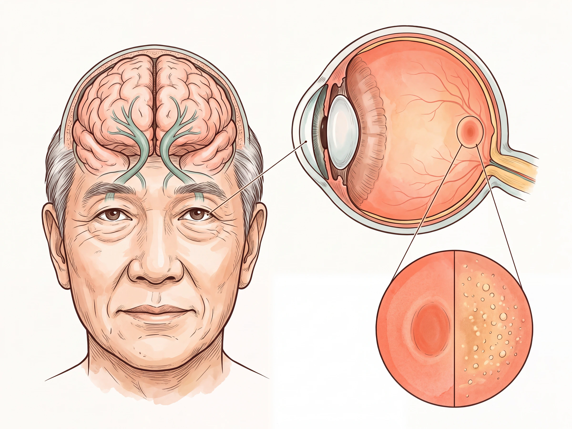 ภาพดวงตาและจอประสาทตา แสดงจุดรับภาพชัด ดรูเซน และหลอดเลือดผิดปกติใต้จอประสาทตา ในภาพรวมอวัยวะและระบบที่เกี่ยวข้อง