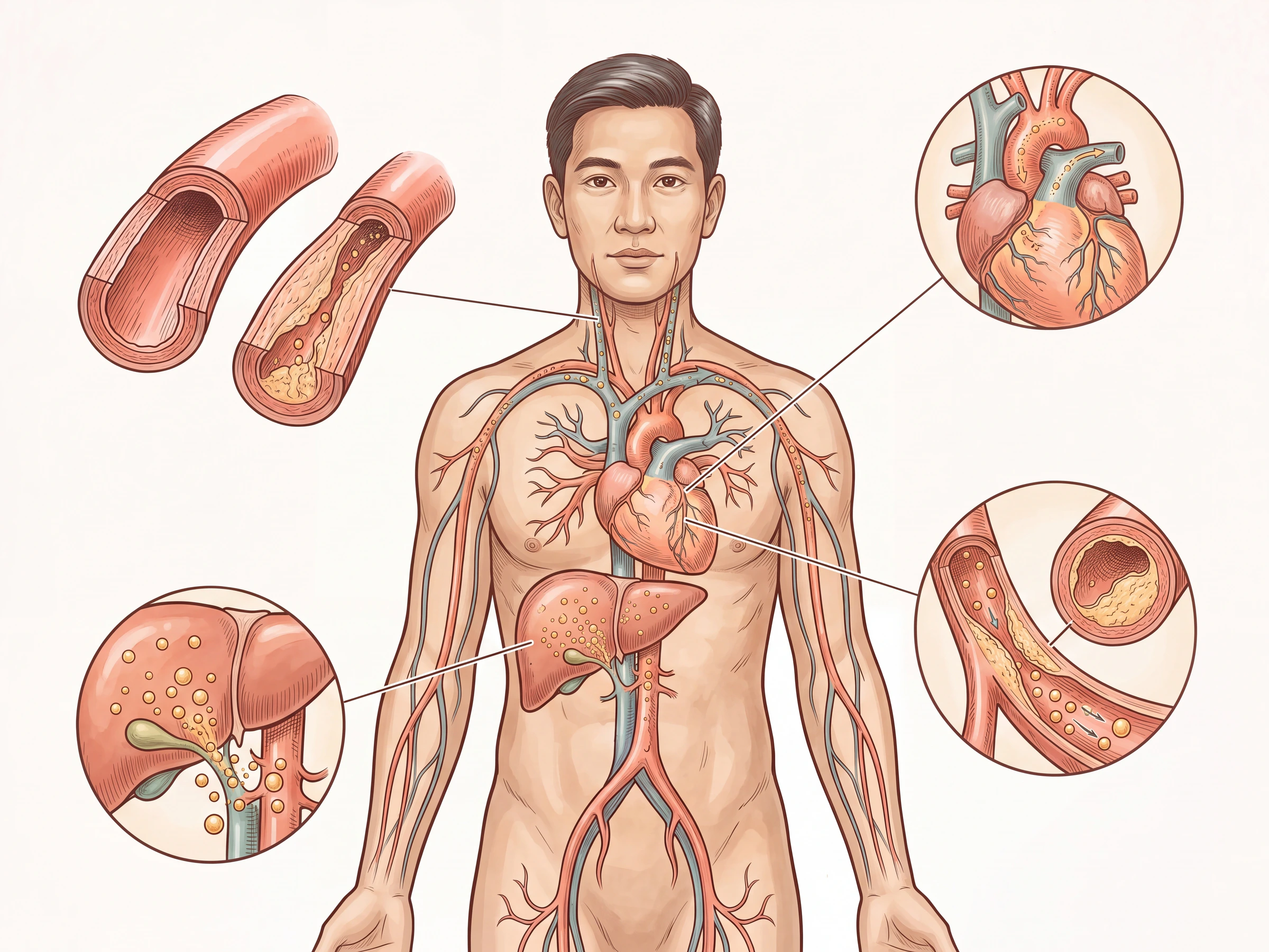 ภาพการขนส่ง LDL และไตรกลีเซอไรด์จากตับสู่หลอดเลือดและการเกิดคราบไขมัน ในภาพรวมอวัยวะและระบบที่เกี่ยวข้อง
