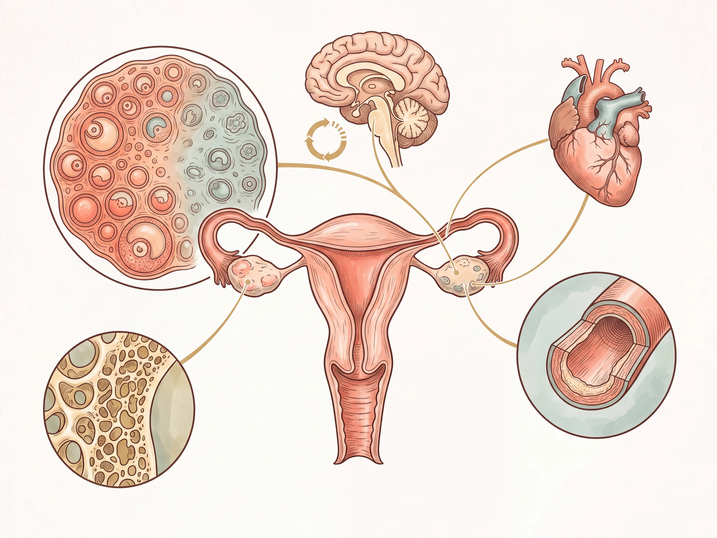 ภาพรังไข่ มดลูก และสมองส่วนควบคุมอุณหภูมิ แสดงสัญญาณฮอร์โมนที่ลดลง ในภาพรวมอวัยวะและระบบที่เกี่ยวข้อง