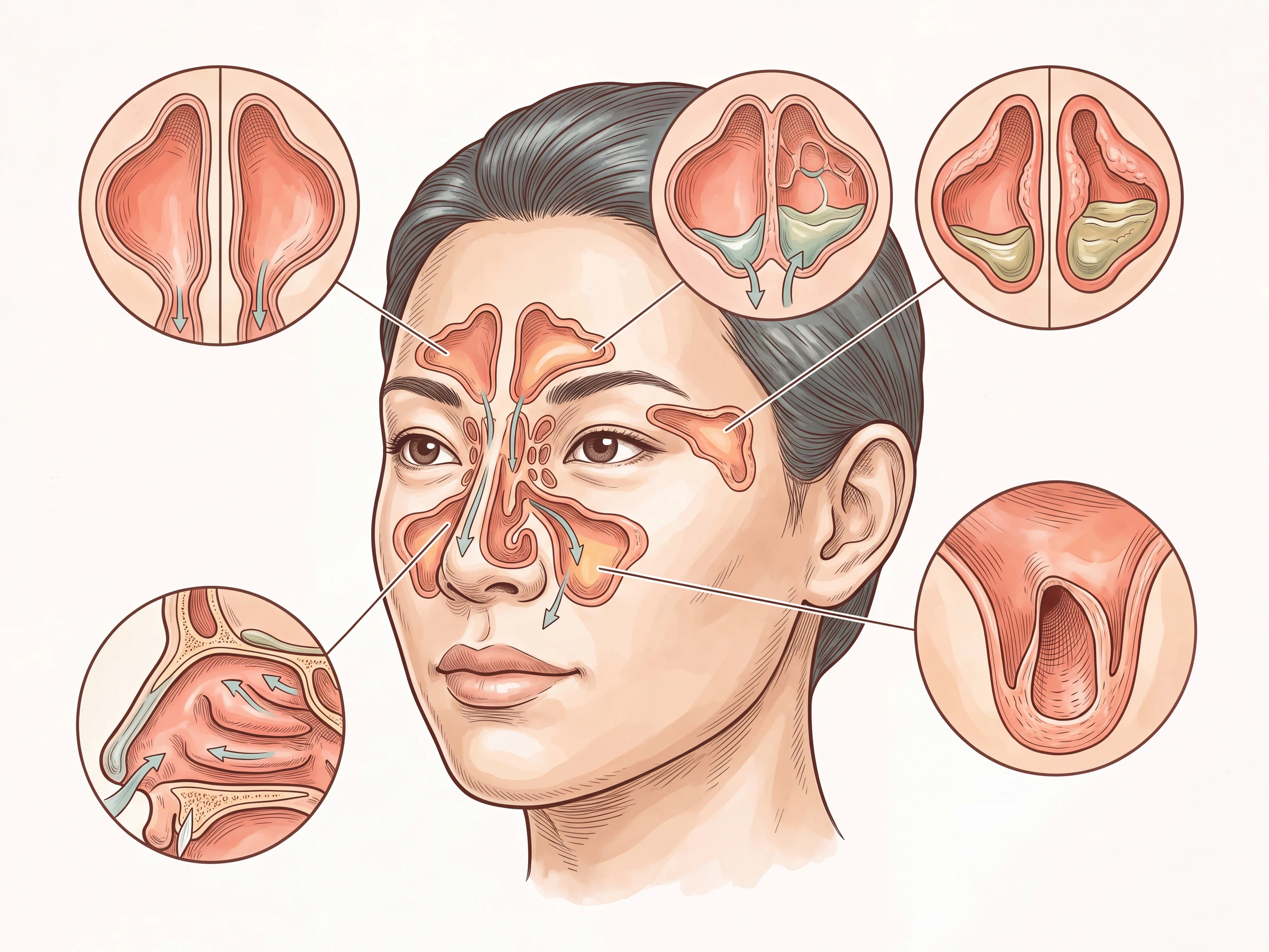 ภาพตัดขวางใบหน้าและโพรงไซนัส แสดงเยื่อบุบวม ทางระบายปิด และของเหลวค้าง ในภาพรวมอวัยวะและระบบที่เกี่ยวข้อง
