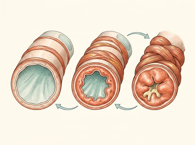 ภาพหลอดลมปกติเทียบกับหลอดลมอักเสบ หดเกร็ง และมีมูกในโรคหืด