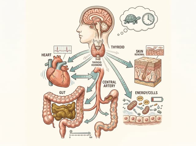 ภาพต่อมไทรอยด์สร้างฮอร์โมนน้อยและผลต่อสมอง หัวใจ ลำไส้ และการเผาผลาญ