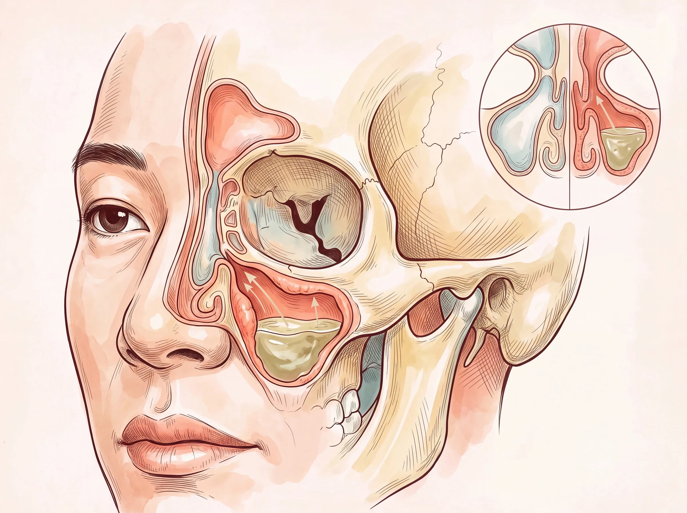 ภาพตัดขวางใบหน้าและโพรงไซนัส แสดงเยื่อบุบวม ทางระบายปิด และของเหลวค้าง