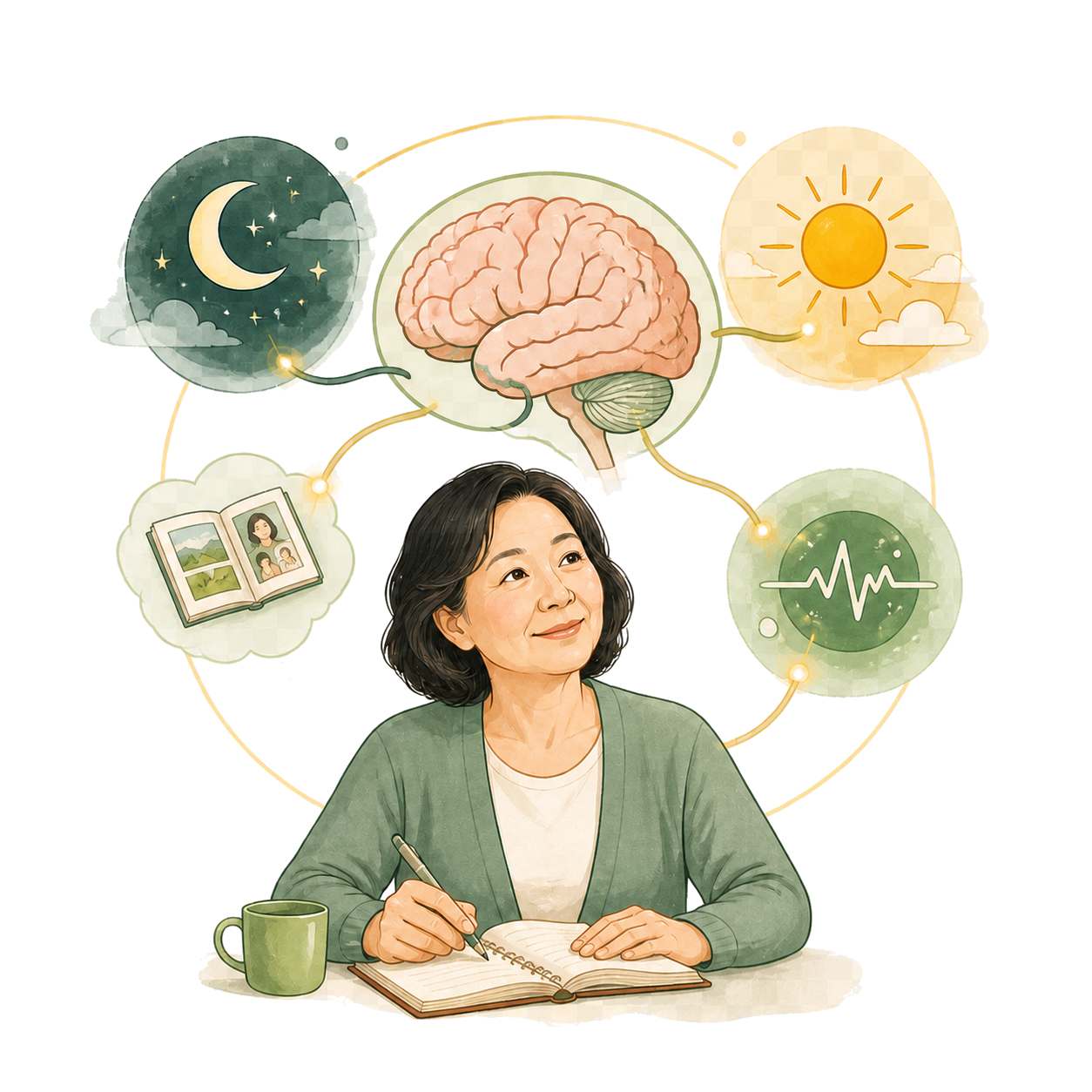 ภาพประกอบสมอง ความจำ การนอน และพลังงานในแต่ละวัน