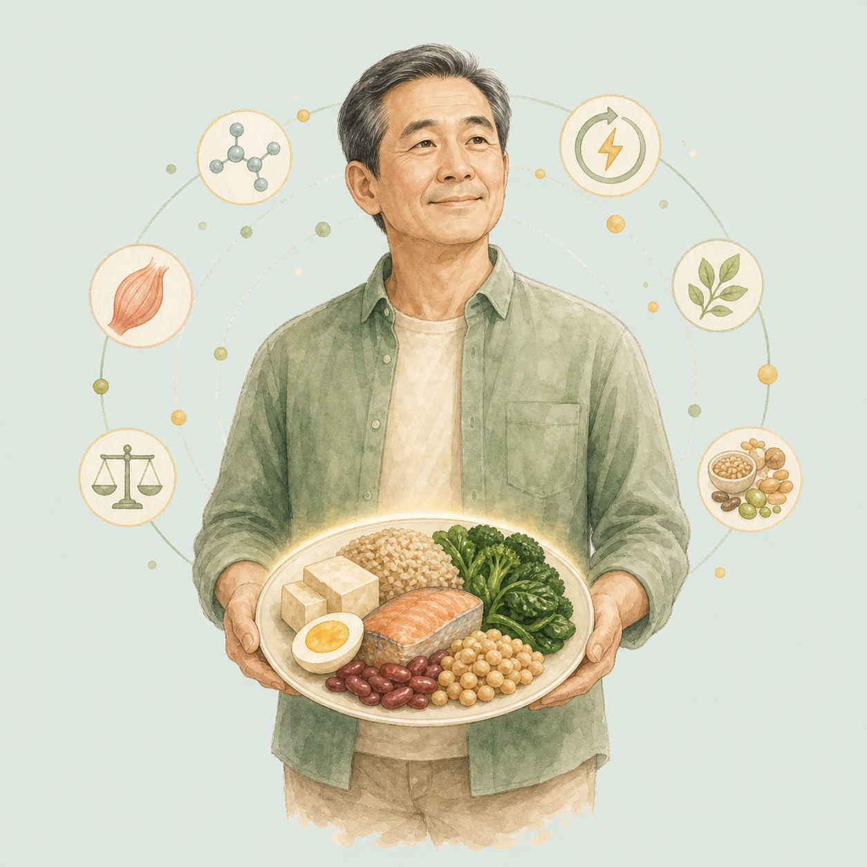 ภาพประกอบมื้ออาหารสมดุลและการเลือกแหล่งโปรตีน
