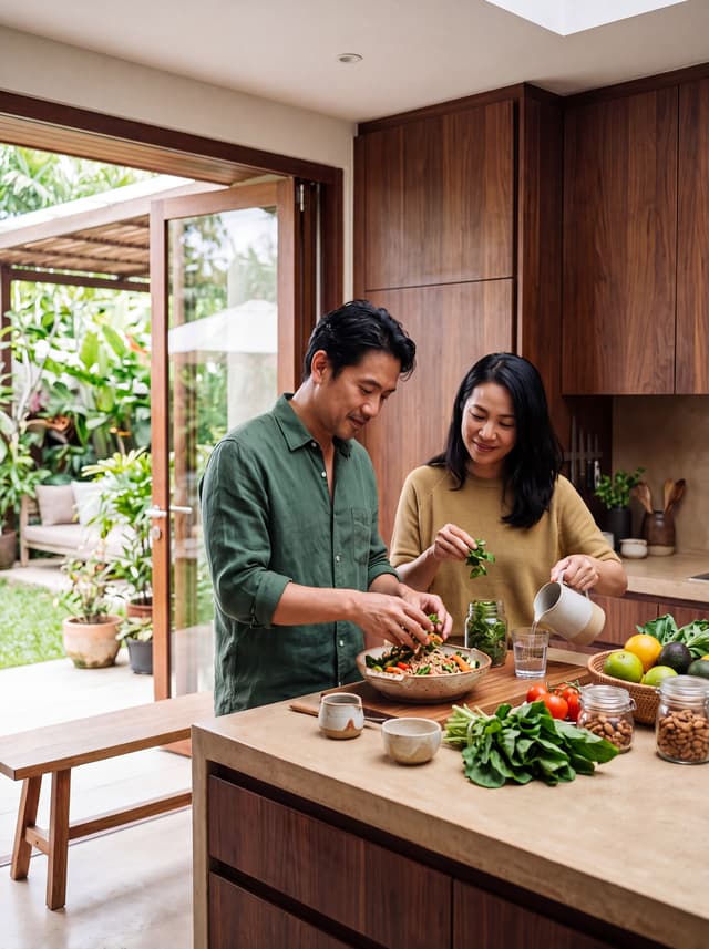 คู่รักชาวเอเชียวัย 40 ต้นกำลังเตรียมอาหารเพื่อสุขภาพร่วมกันในบ้านที่อบอุ่นด้วยแสงธรรมชาติ
